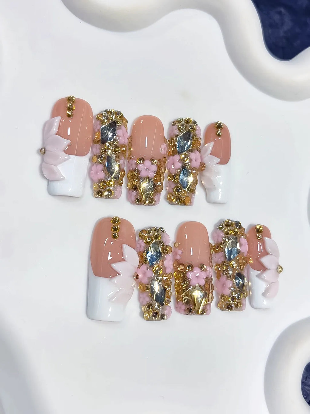 L300 - Long Nude White Square French tip Flower Bow