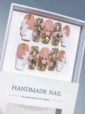 L300 - Long Nude White Square French tip Flower Bow