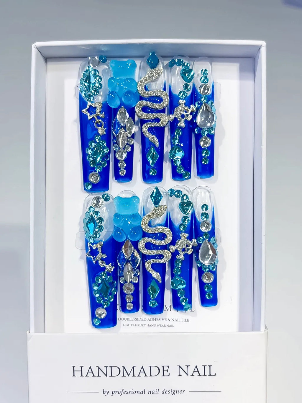 M086 - Long Blue Square Solid color Rhinestone Snake