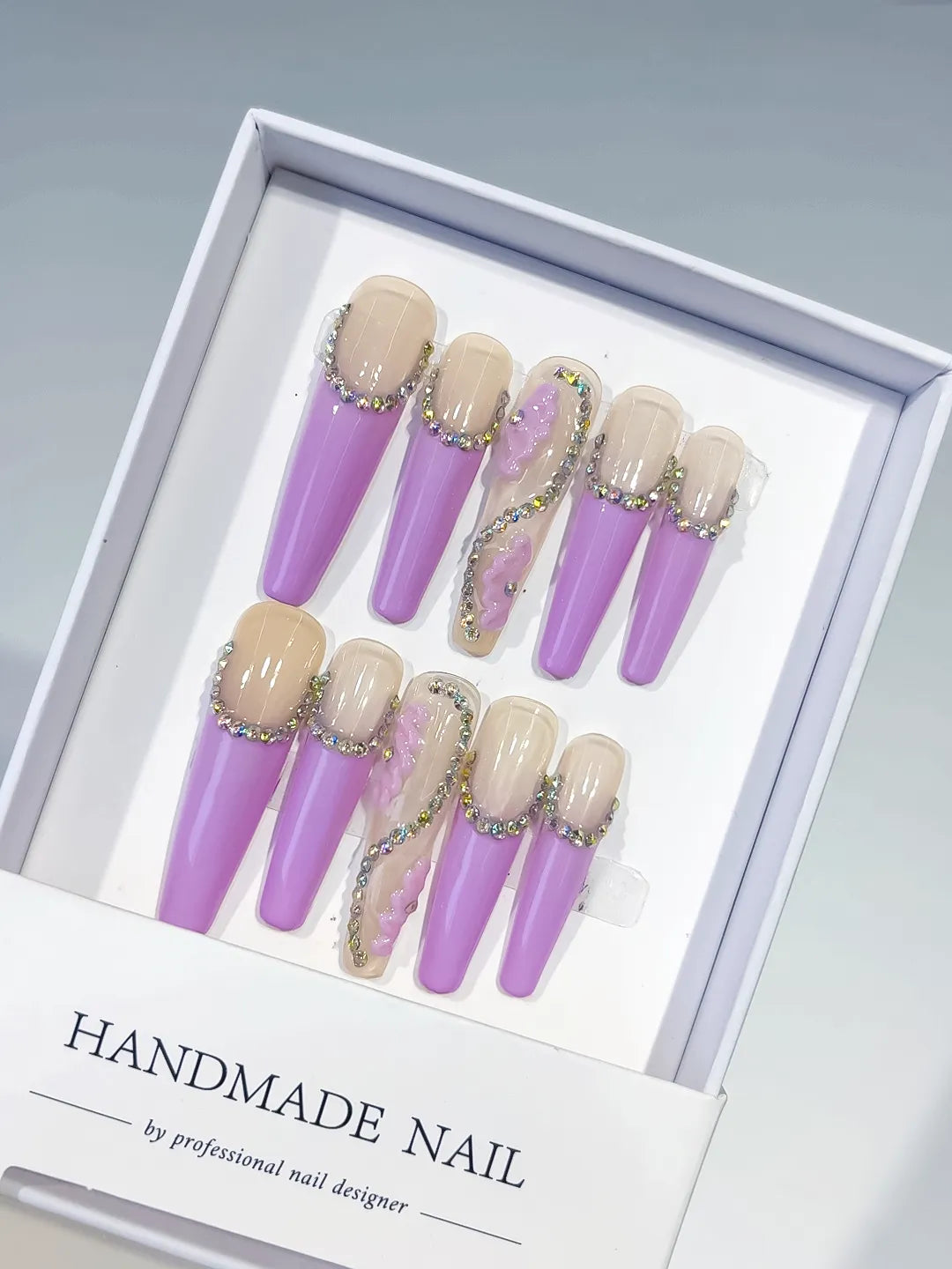 M003 - Long Nude Purple Coffin French tip Drip Effect