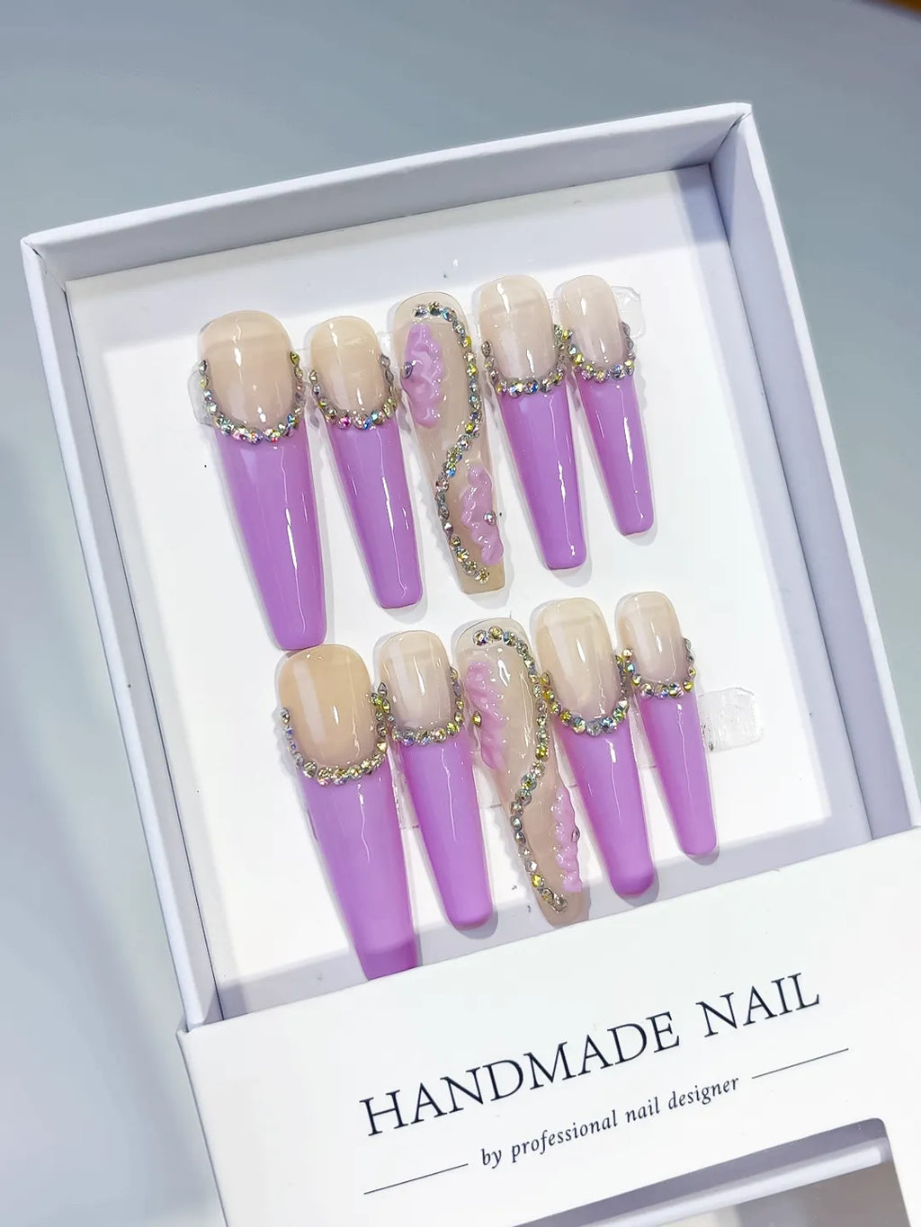 M003 - Long Nude Purple Coffin French tip Drip Effect