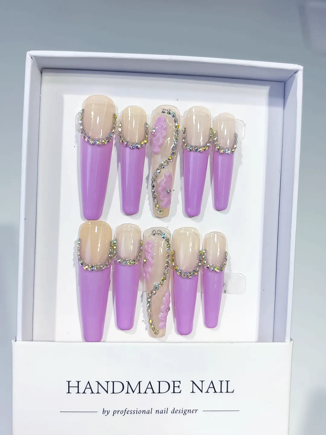 M003 - Long Nude Purple Coffin French tip Drip Effect