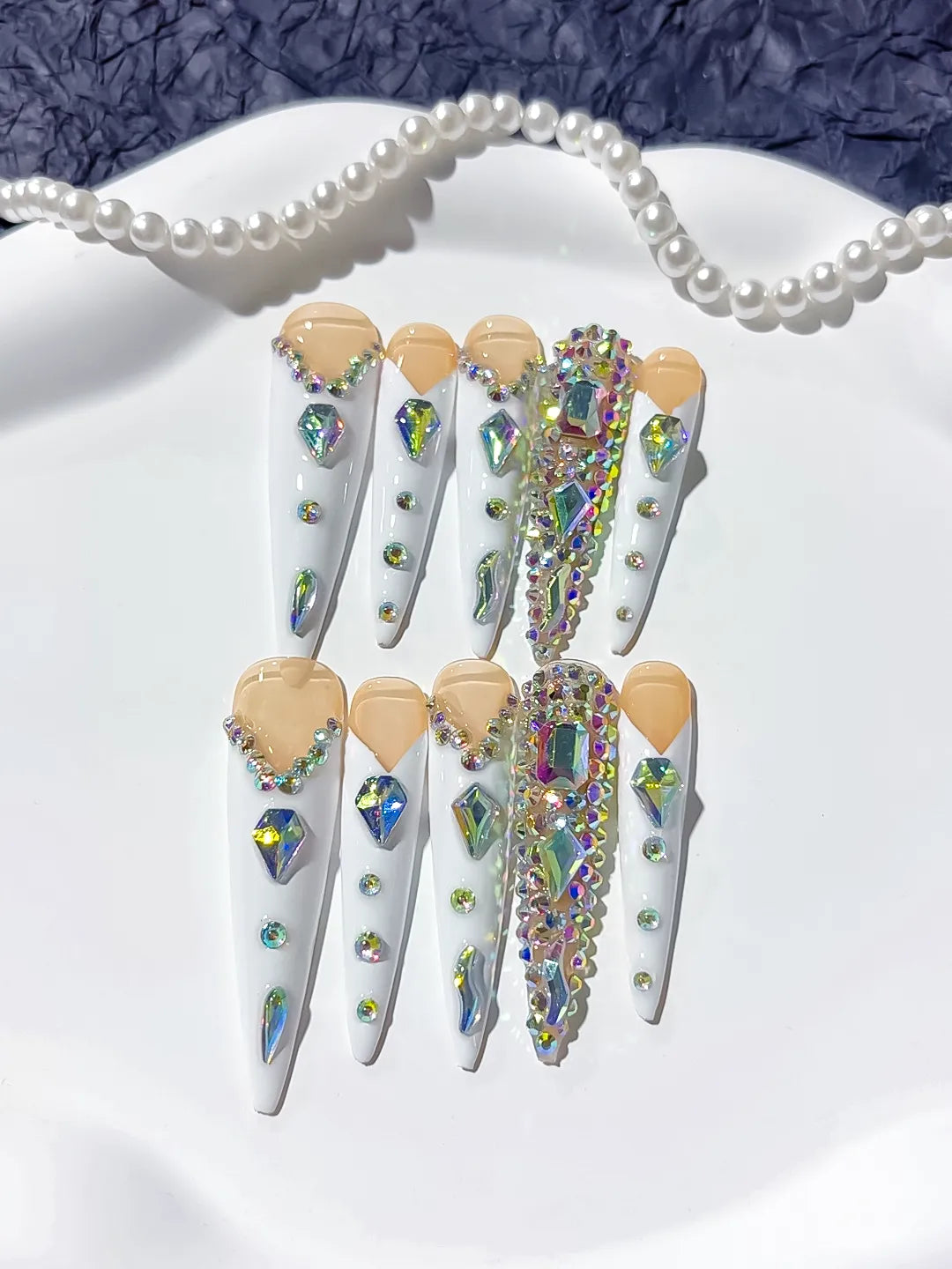 M004 - Long Nude White Stiletto Solid color Rhinestone Metallic Accent