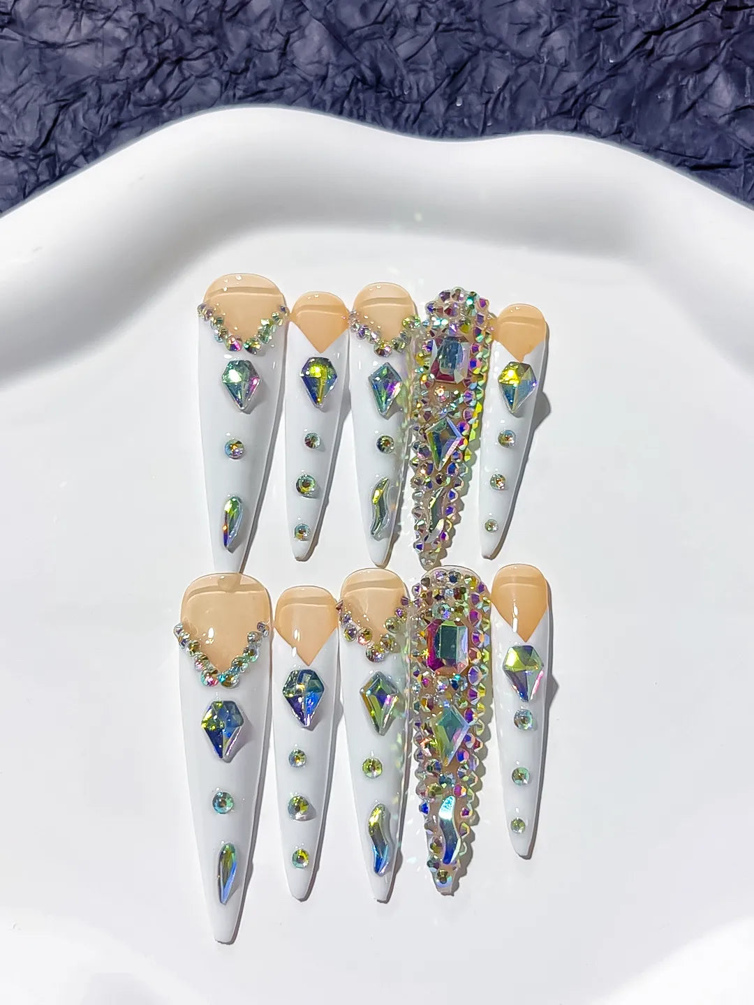 M004 - Long Nude White Stiletto Solid color Rhinestone Metallic Accent
