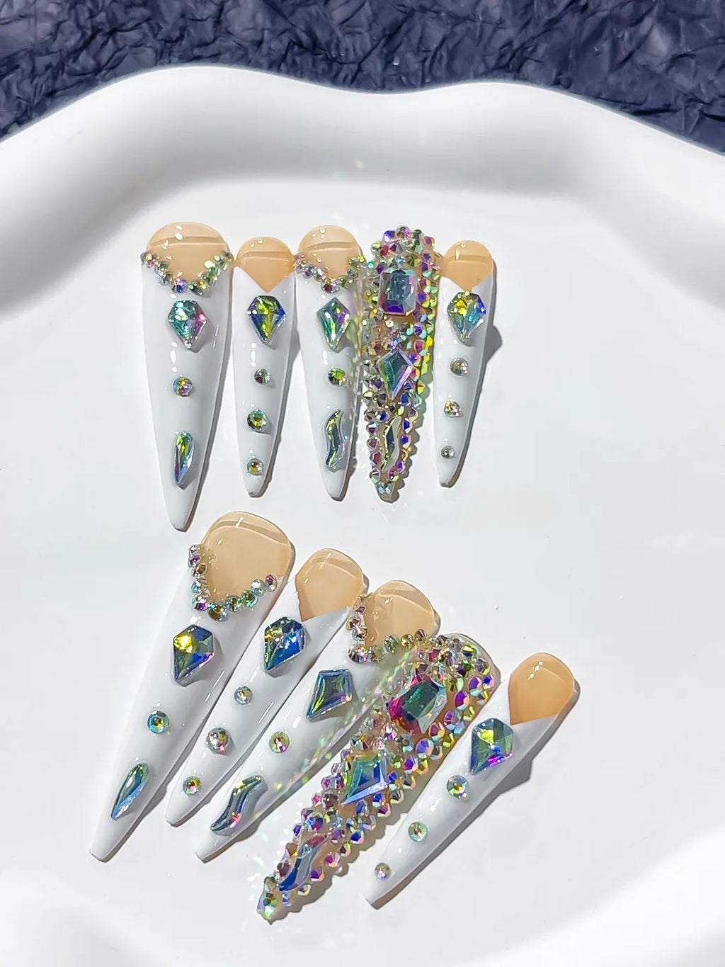M004 - Long Nude White Stiletto Solid color Rhinestone Metallic Accent
