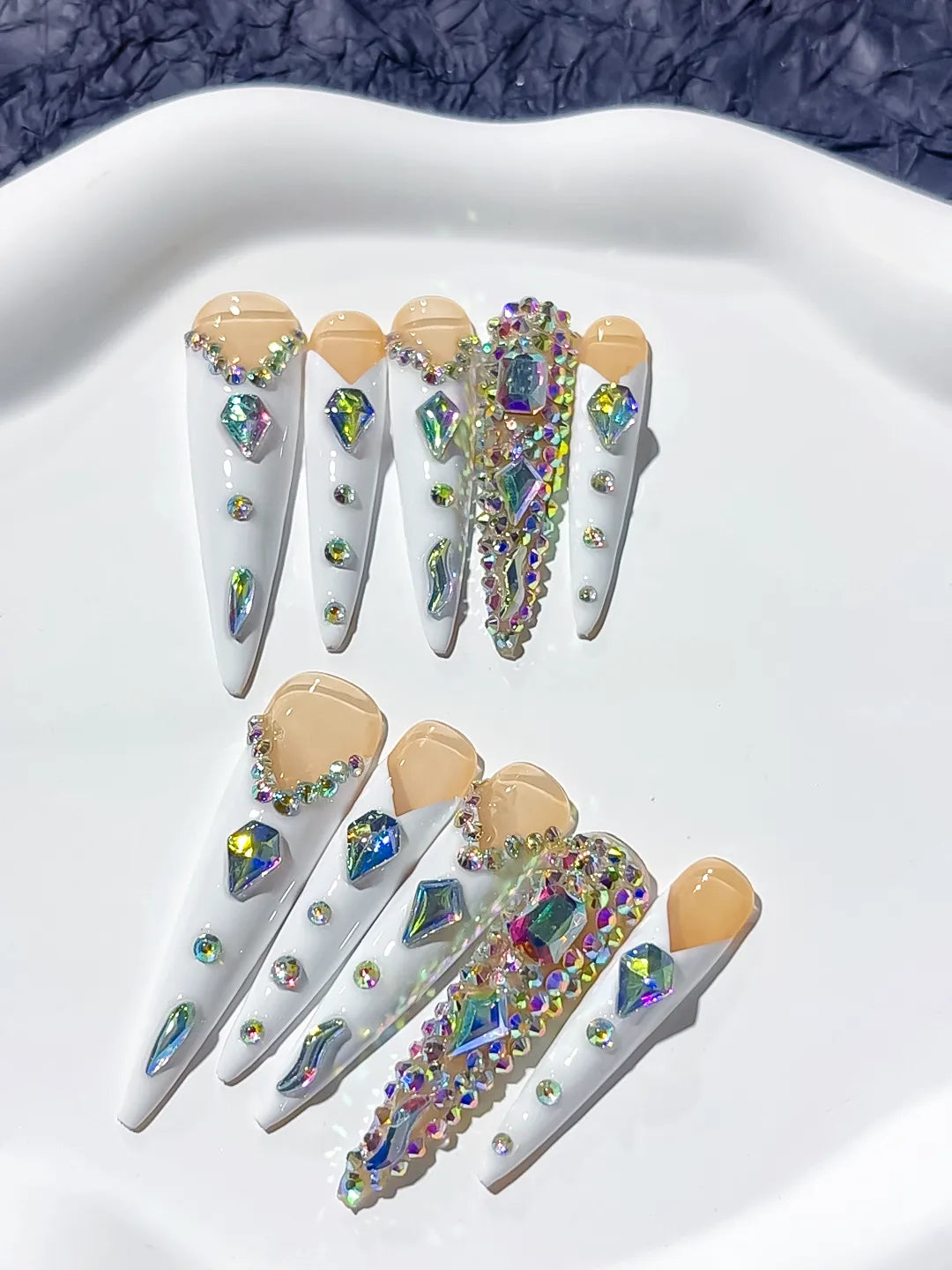 M004 - Long Nude White Stiletto Solid color Rhinestone Metallic Accent