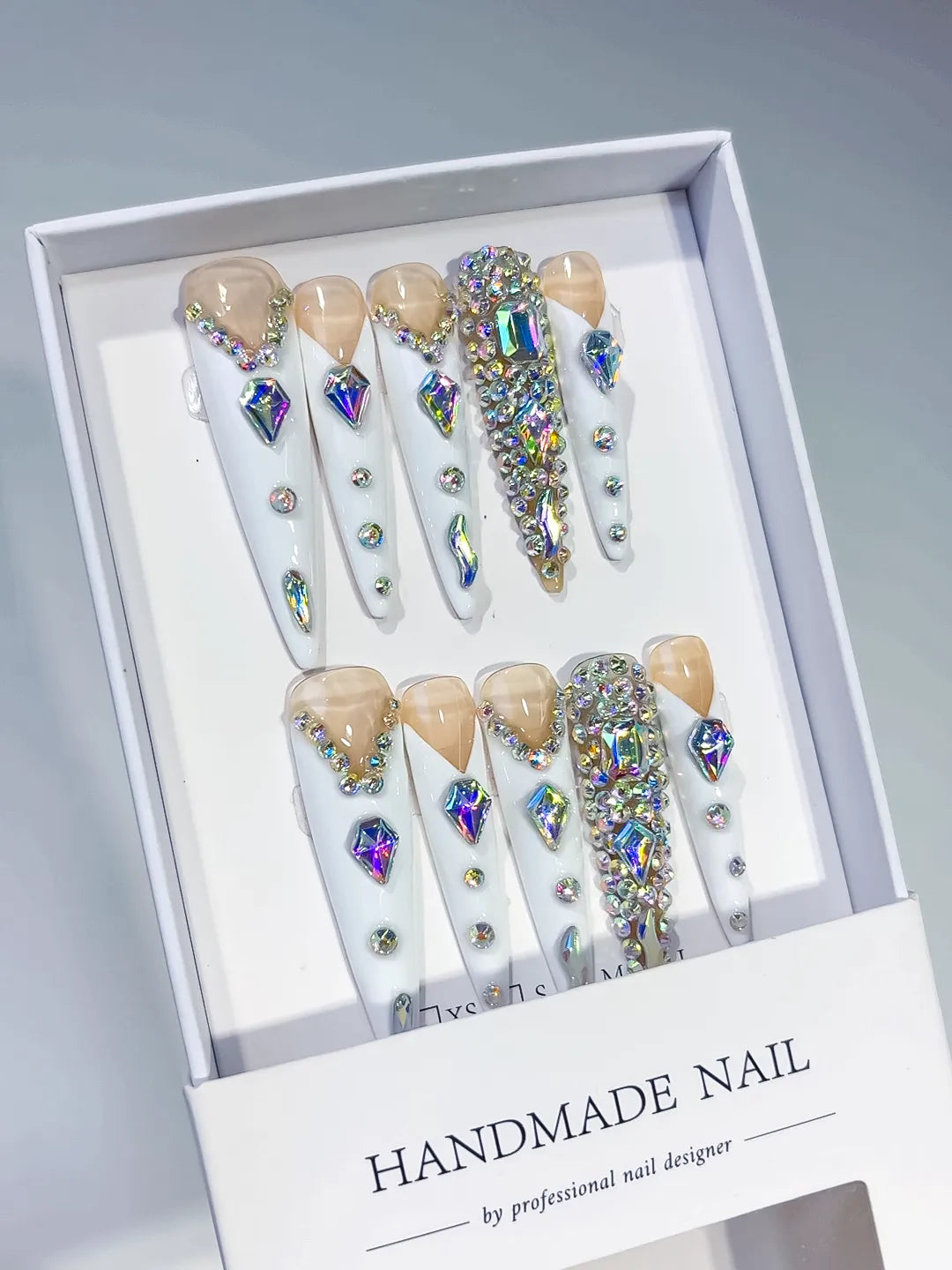 M004 - Long Nude White Stiletto Solid color Rhinestone Metallic Accent