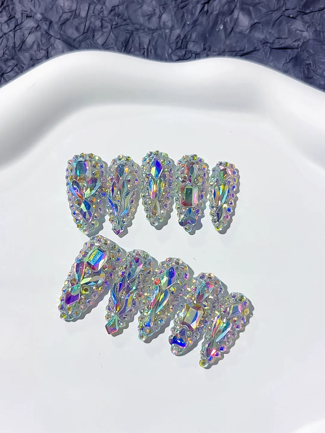 M005 - Long Silver Multicolor Almond Solid color Rhinestone Crystal Cluster