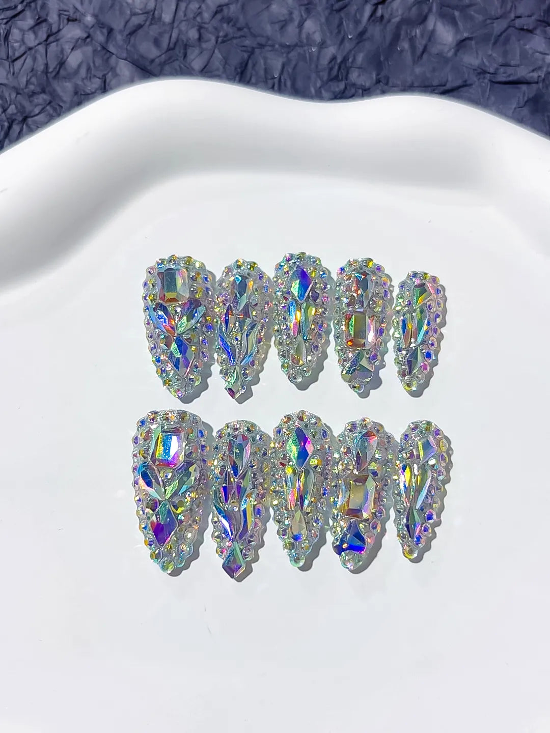 M005 - Long Silver Multicolor Almond Solid color Rhinestone Crystal Cluster