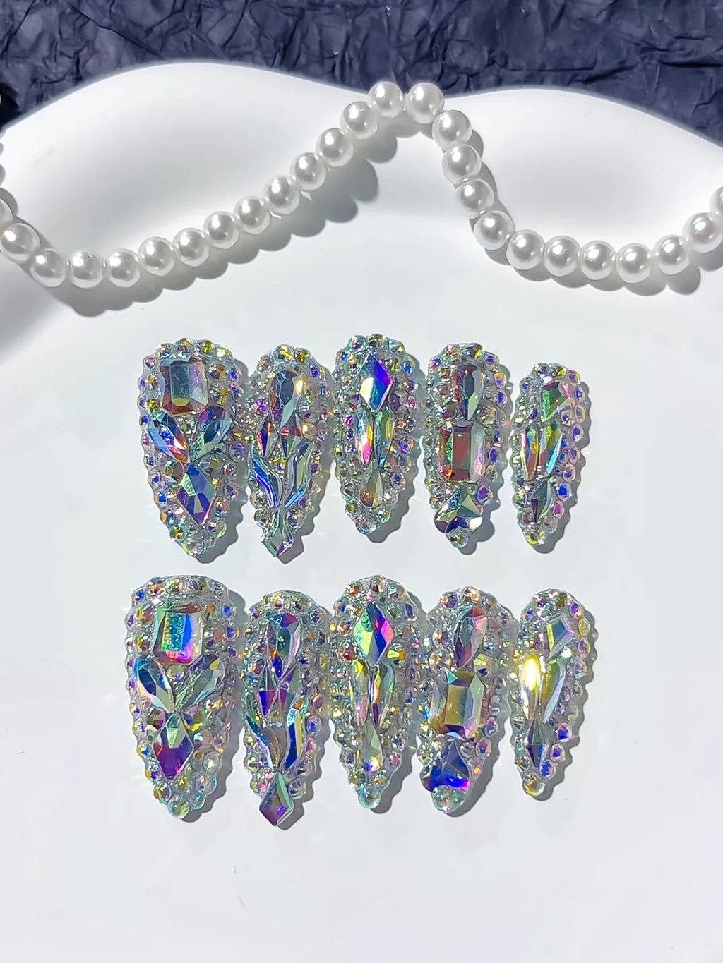 M005 - Long Silver Multicolor Almond Solid color Rhinestone Crystal Cluster