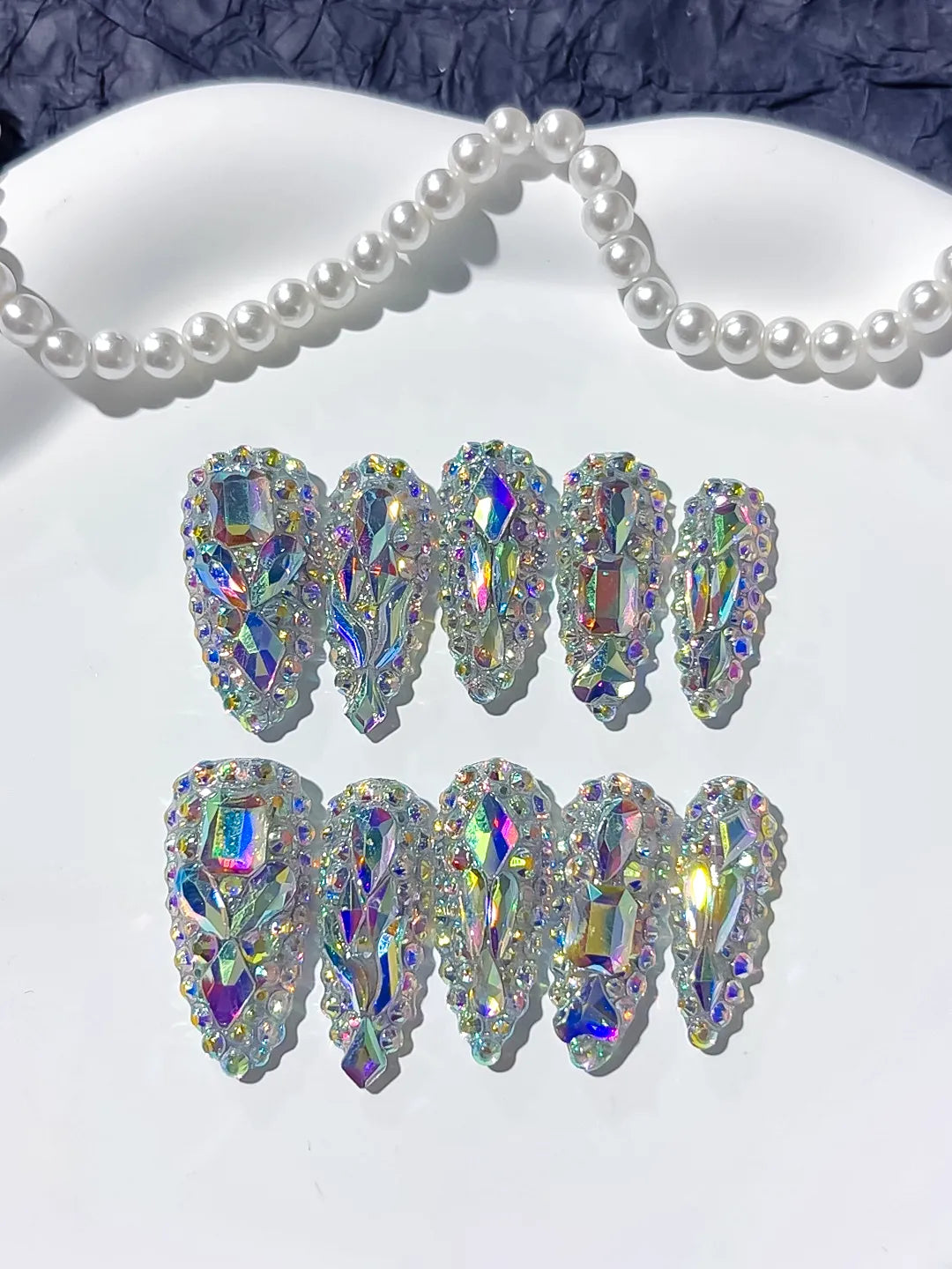 M005 - Long Silver Multicolor Almond Solid color Rhinestone Crystal Cluster
