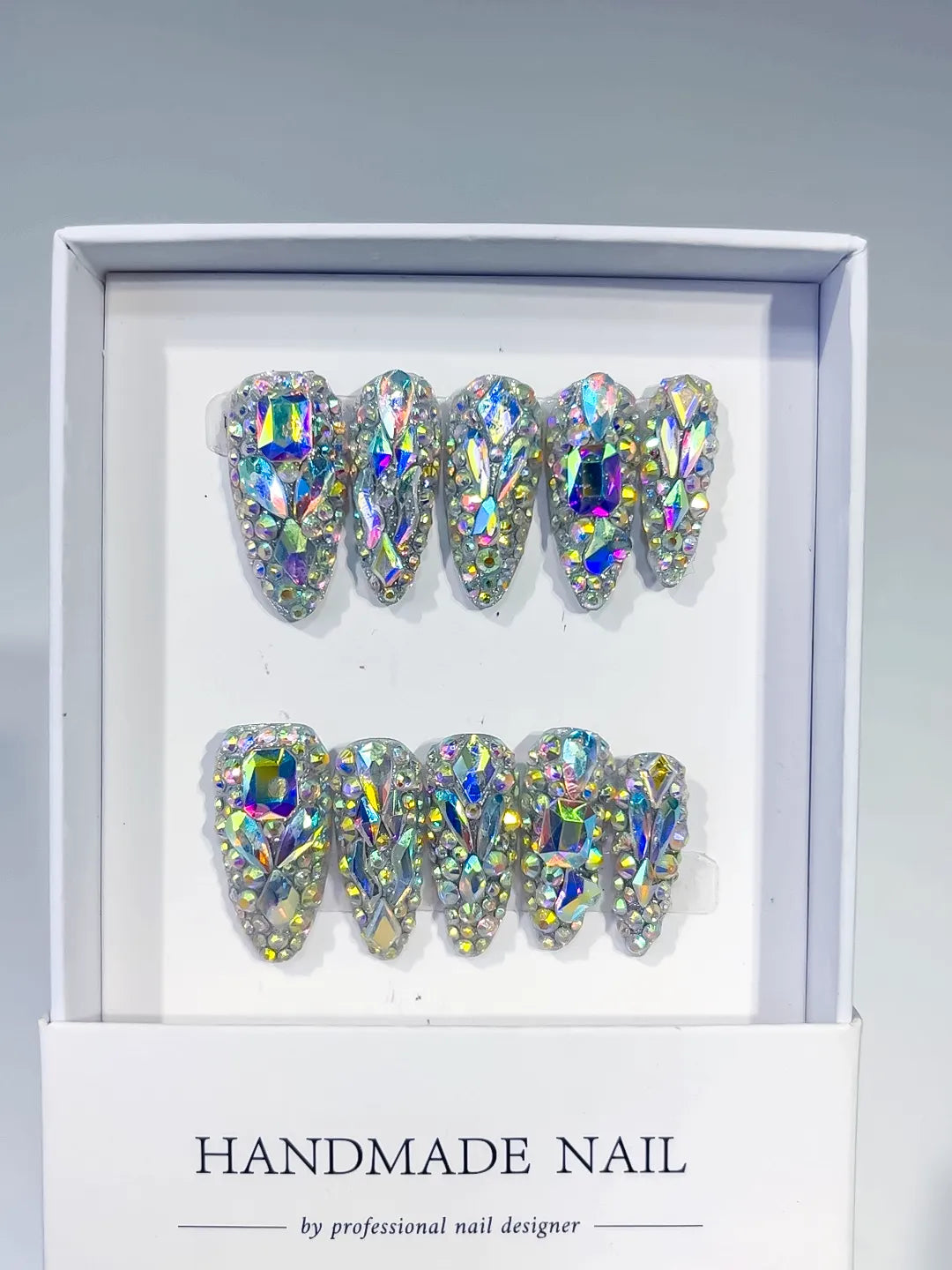 M005 - Long Silver Multicolor Almond Solid color Rhinestone Crystal Cluster