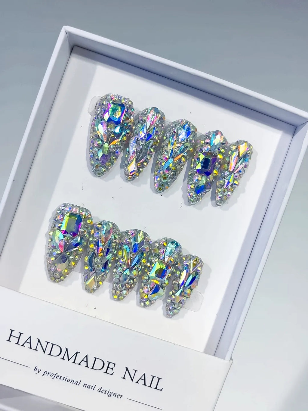 M005 - Long Silver Multicolor Almond Solid color Rhinestone Crystal Cluster