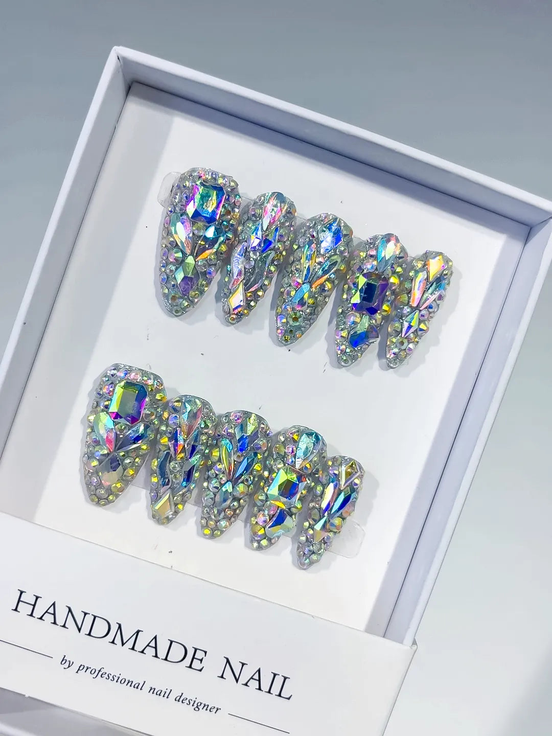 M005 - Long Silver Multicolor Almond Solid color Rhinestone Crystal Cluster