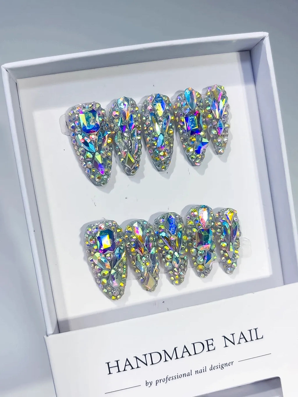 M005 - Long Silver Multicolor Almond Solid color Rhinestone Crystal Cluster