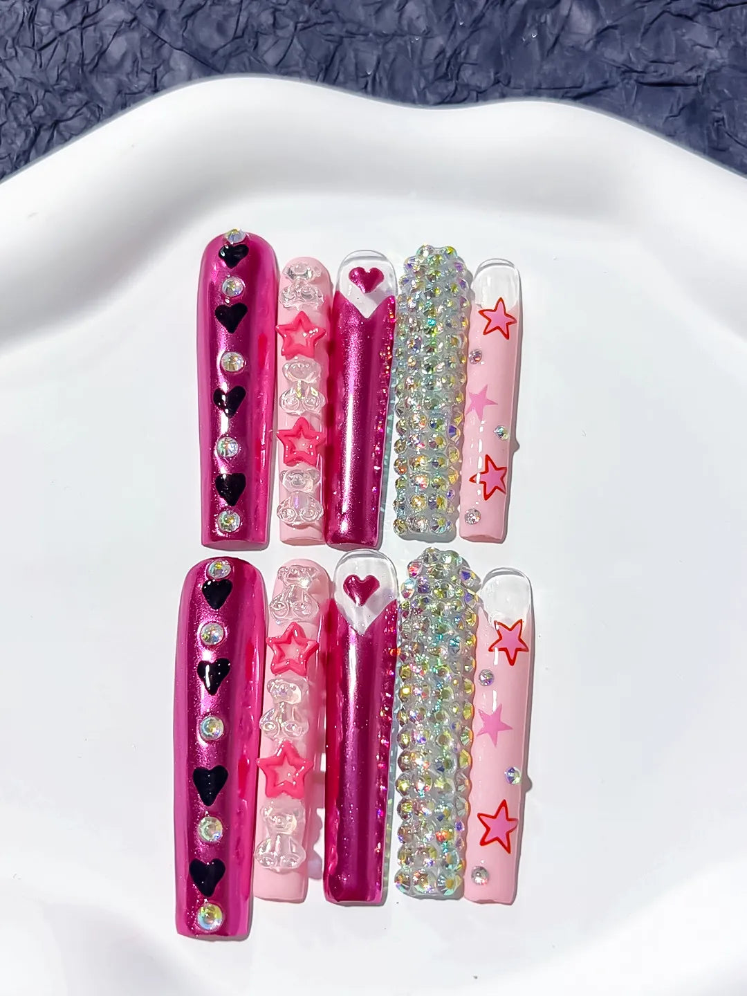 M006 - Long Pink White Square Solid color Bow Heart