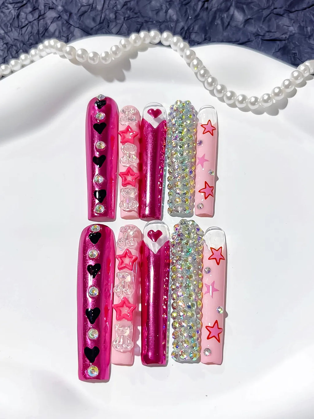 M006 - Long Pink White Square Solid color Bow Heart