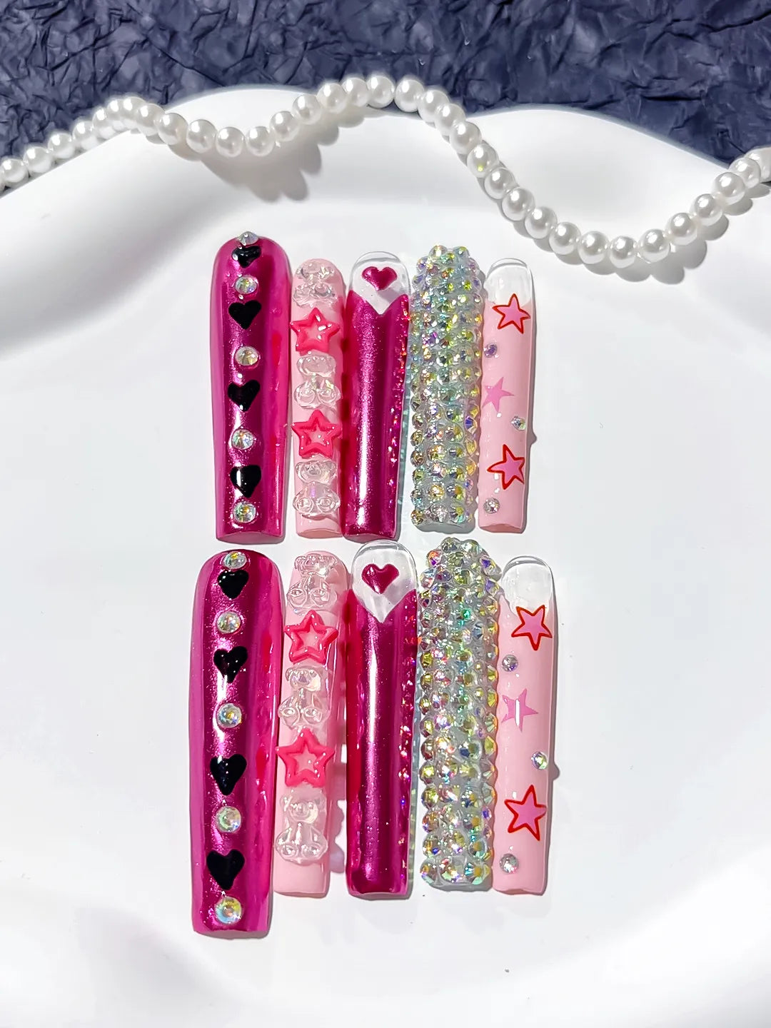 M006 - Long Pink White Square Solid color Bow Heart