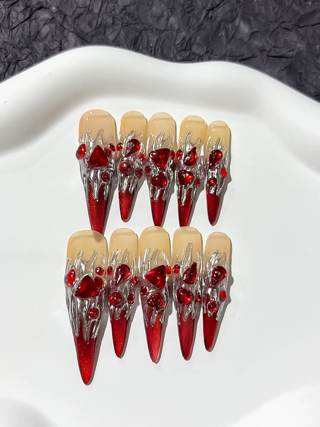 M009 - Long Red White Stiletto Abstract Bow Metallic Accent