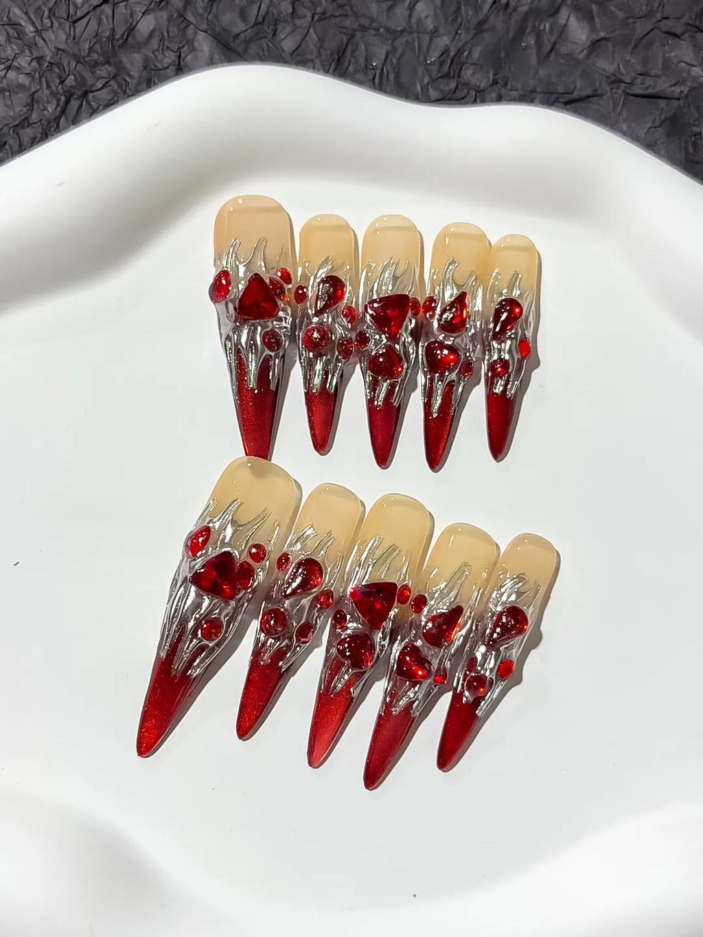 M009 - Long Red White Stiletto Abstract Bow Metallic Accent