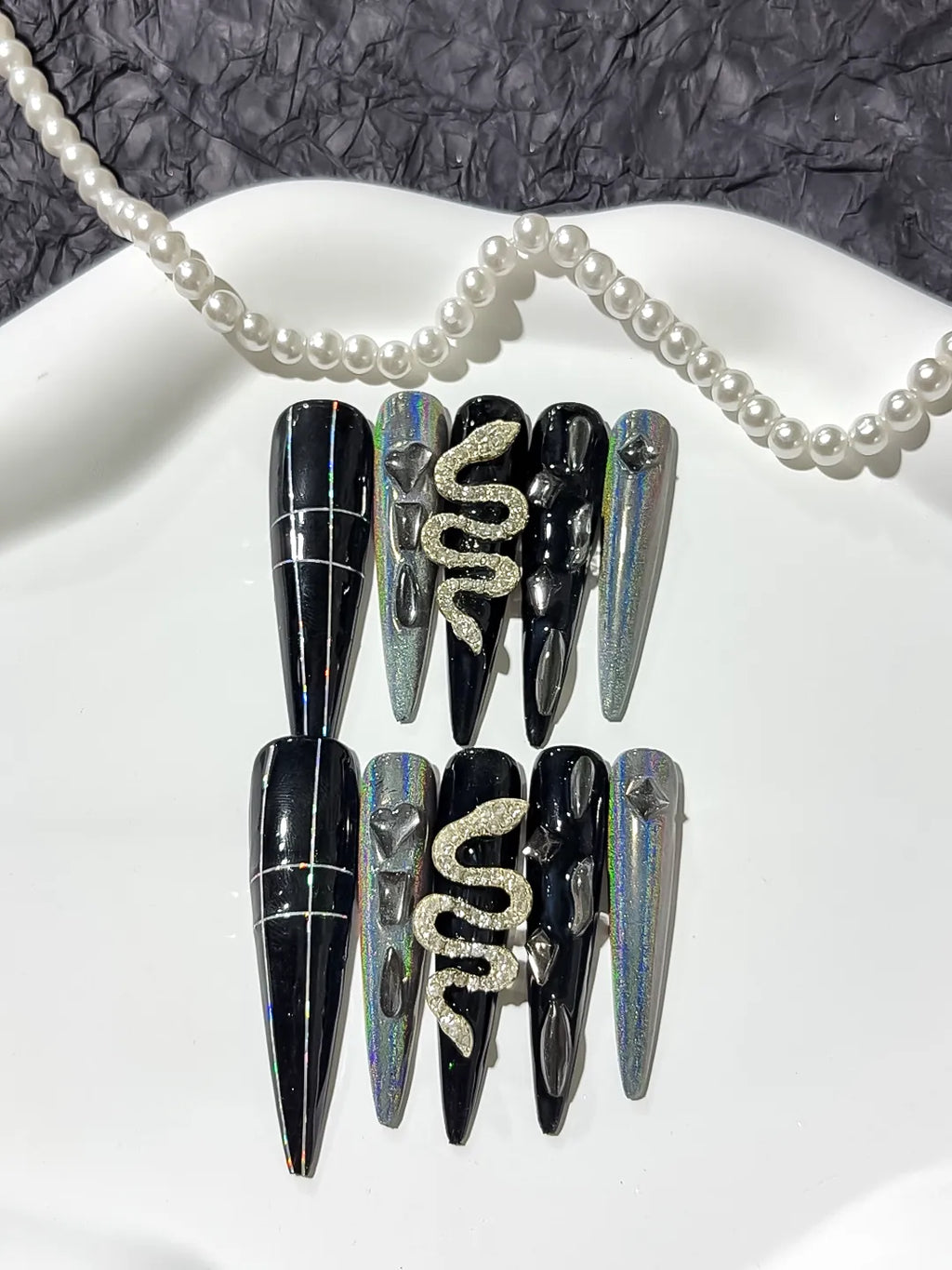 M010 - Long Black Silver Stiletto Solid color Snake Rhinestone
