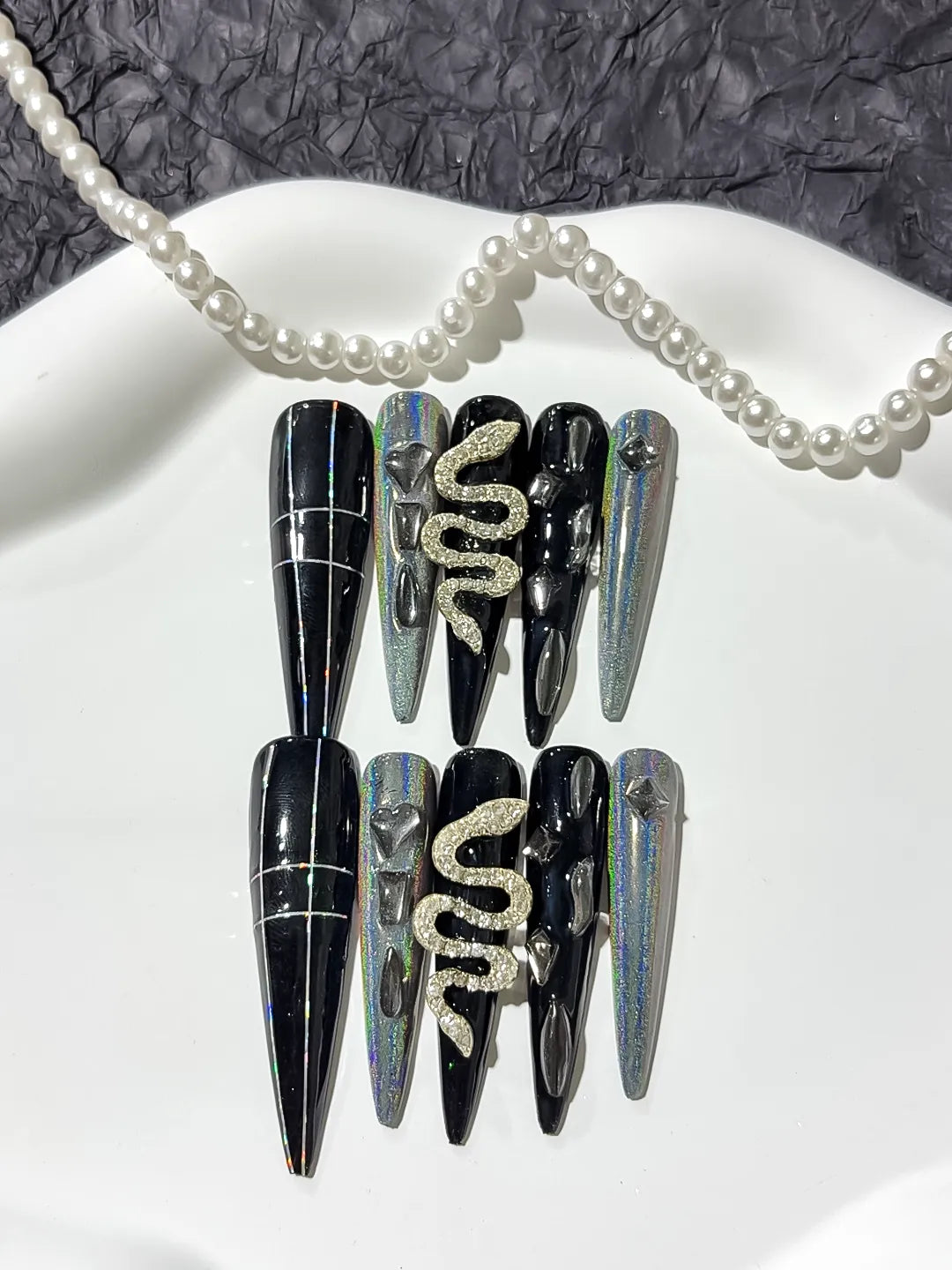 M010 - Long Black Silver Stiletto Solid color Snake Rhinestone