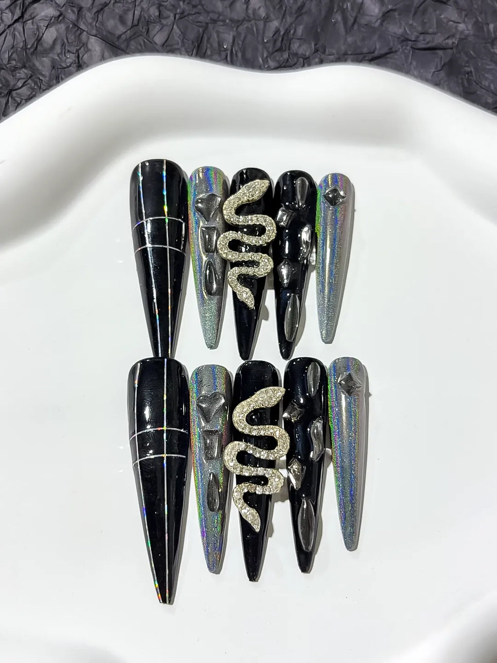M010 - Long Black Silver Stiletto Solid color Snake Rhinestone