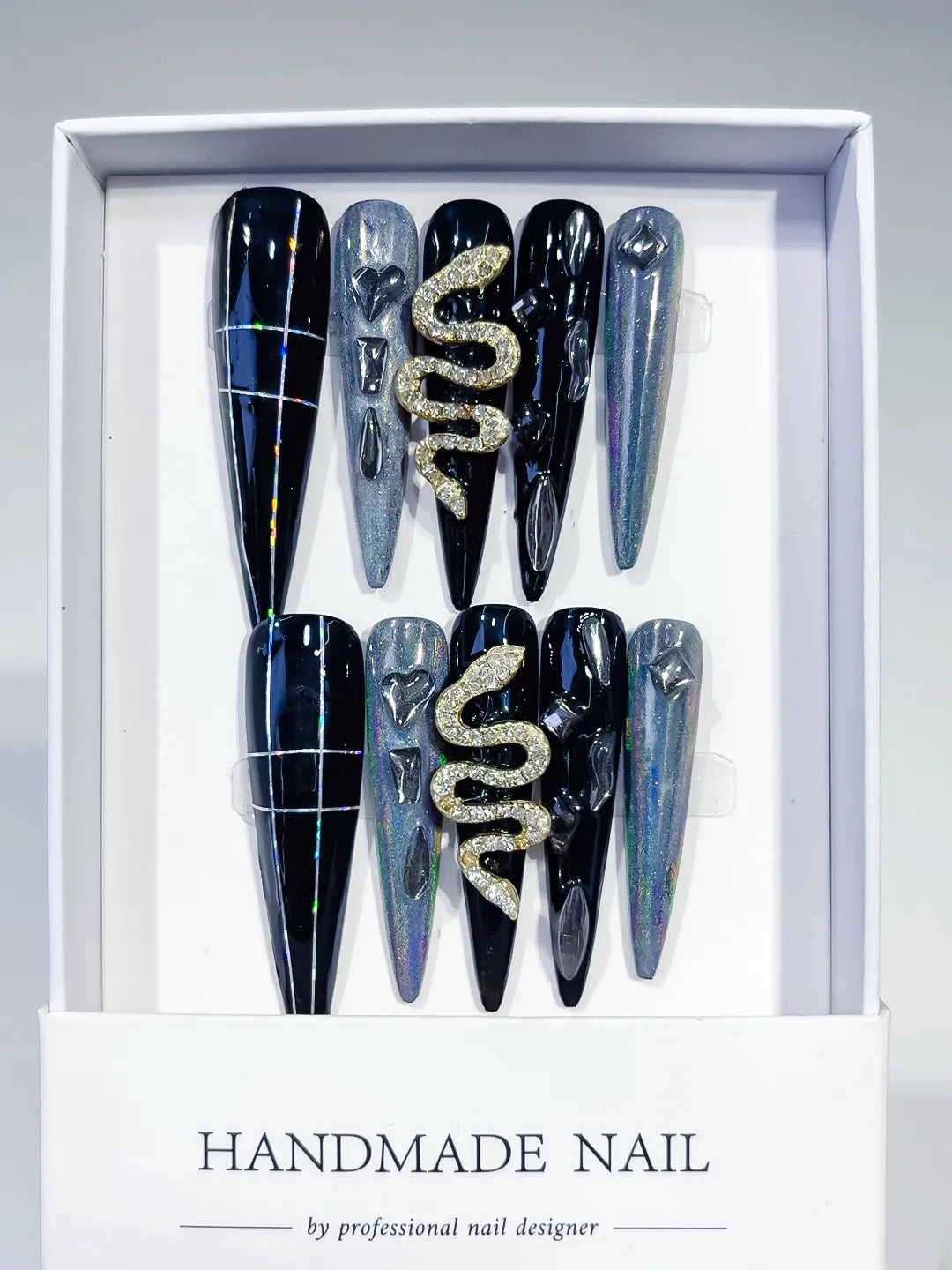 M010 - Long Black Silver Stiletto Solid color Snake Rhinestone