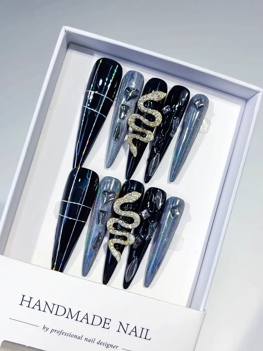 M010 - Long Black Silver Stiletto Solid color Snake Rhinestone