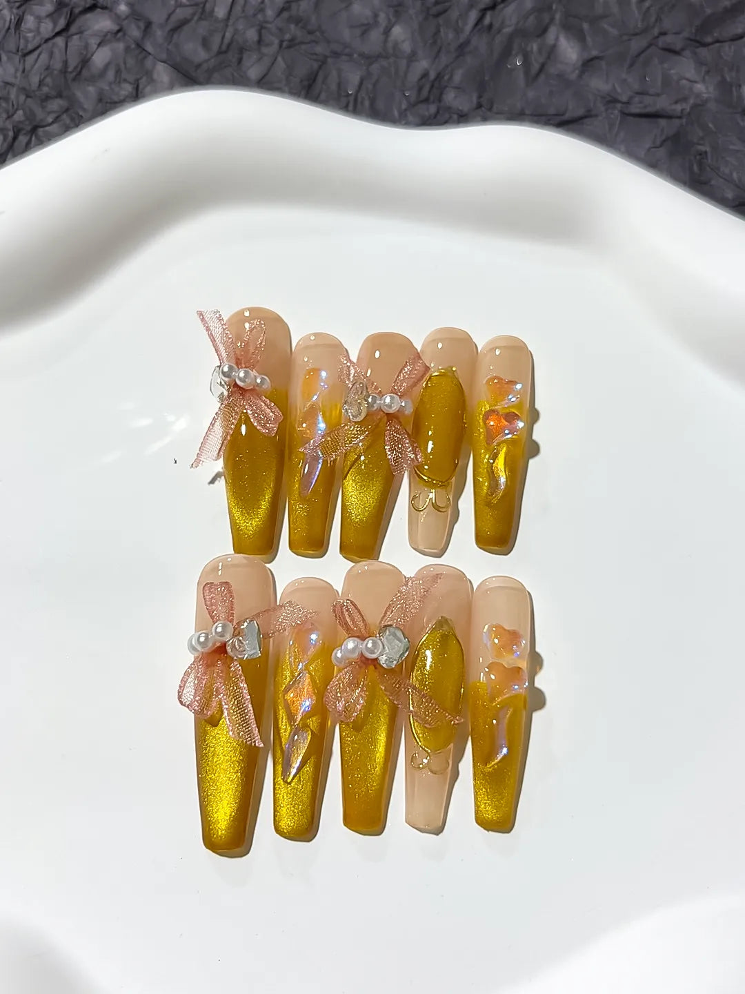 M011 - Long Yellow Nude Coffin French tip Metallic Accent