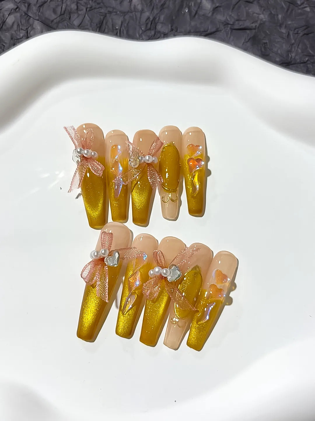 M011 - Long Yellow Nude Coffin French tip Metallic Accent