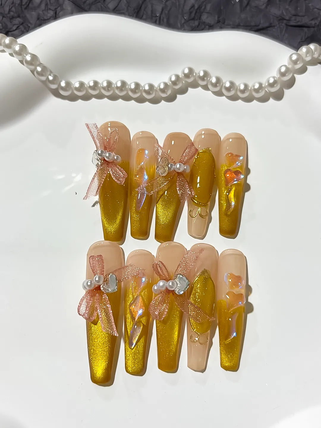 M011 - Long Yellow Nude Coffin French tip Metallic Accent