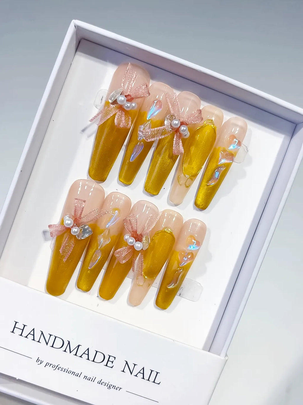 M011 - Long Yellow Nude Coffin French tip Metallic Accent