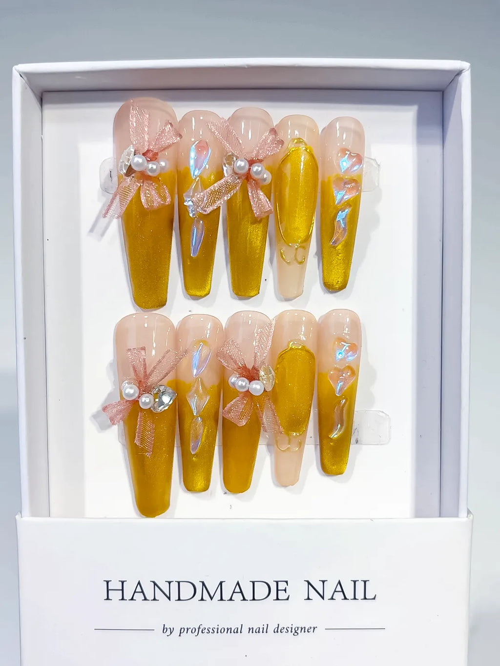 M011 - Long Yellow Nude Coffin French tip Metallic Accent