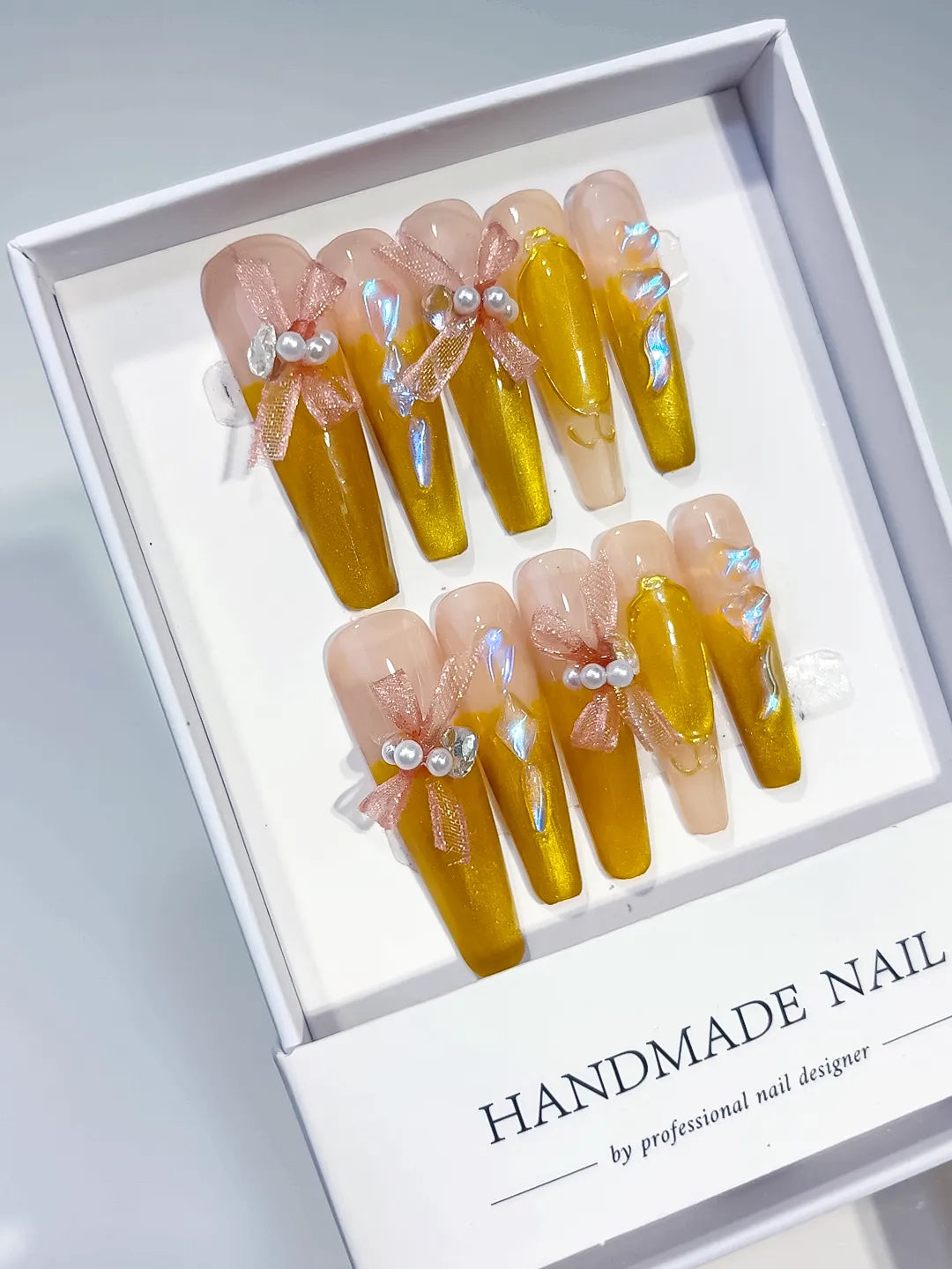 M011 - Long Yellow Nude Coffin French tip Metallic Accent