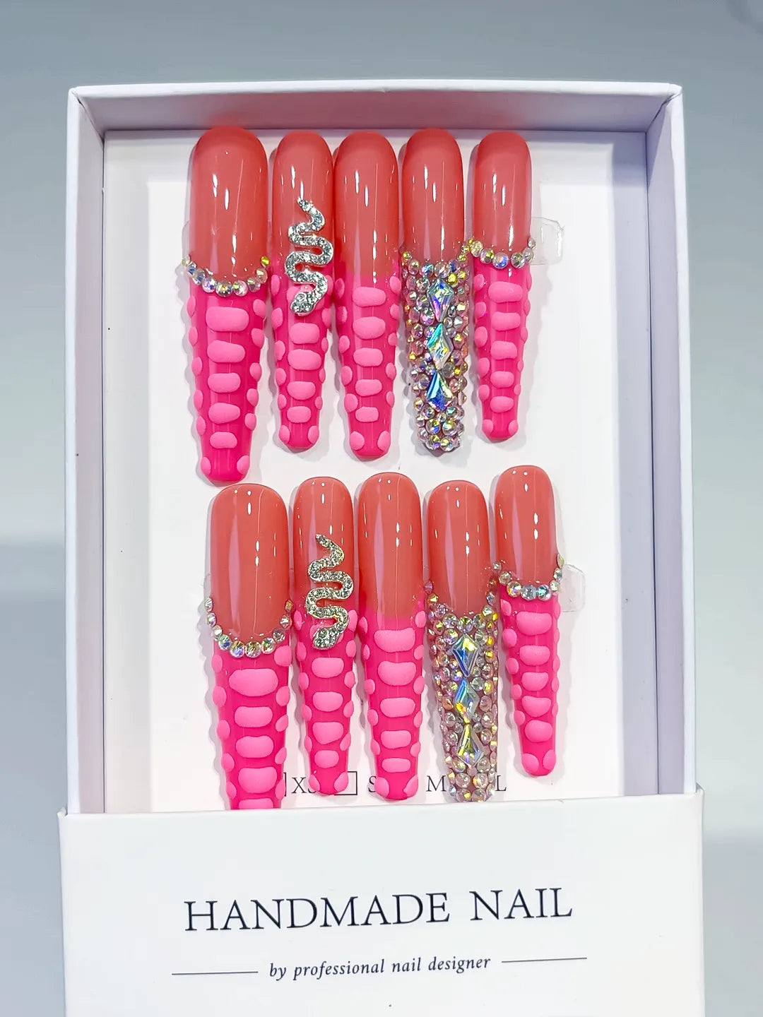 M012 - Long Pink Silver Coffin Solid color Rhinestone Crystal Cluster