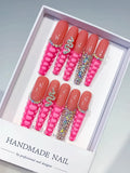 M012 - Long Pink Silver Coffin Solid color Rhinestone Crystal Cluster