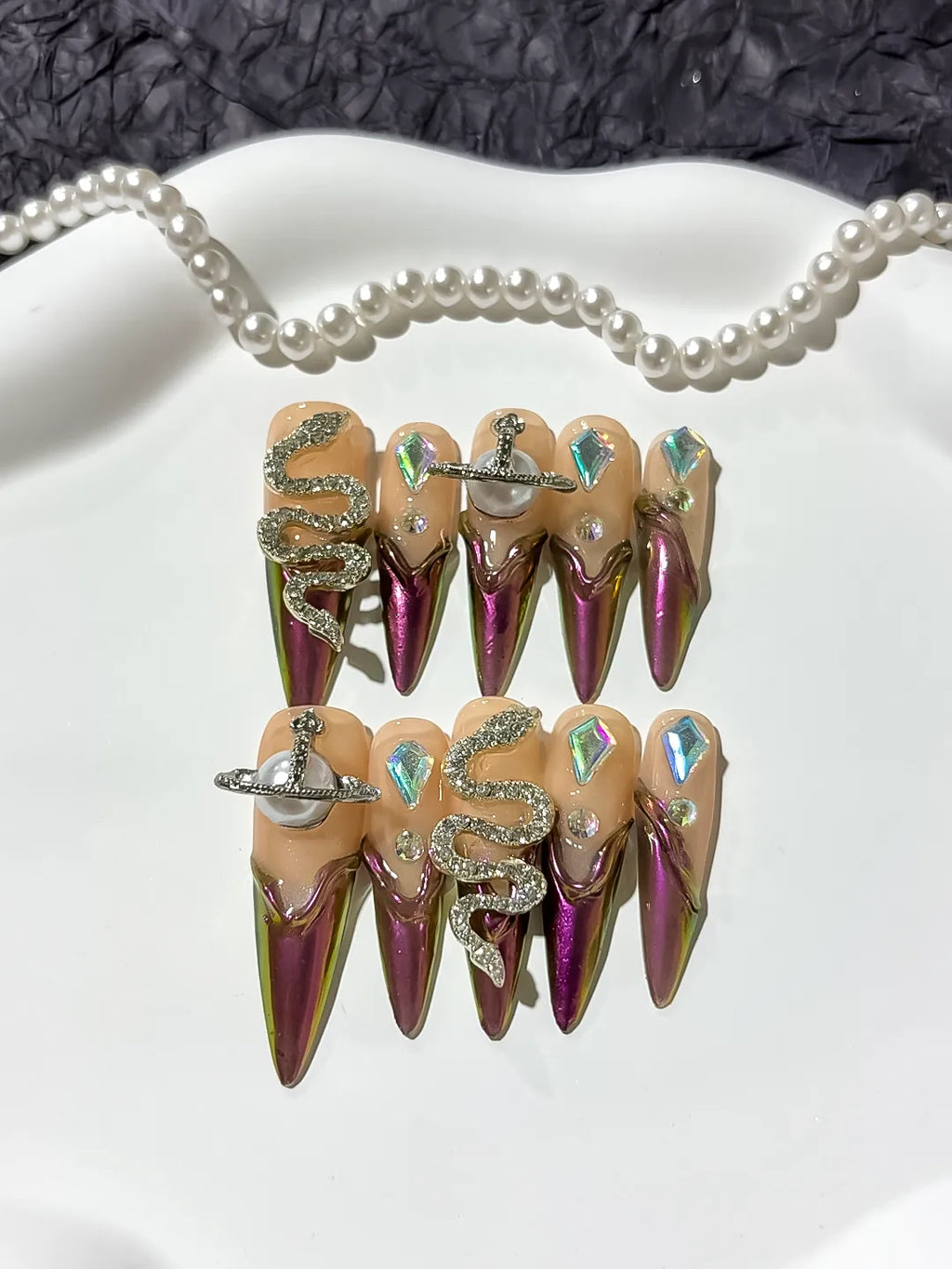 M014 - Long Brown Nude Stiletto Abstract Animal Print Metallic Accent