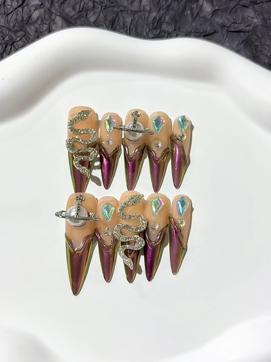 M014 - Long Brown Nude Stiletto Abstract Animal Print Metallic Accent