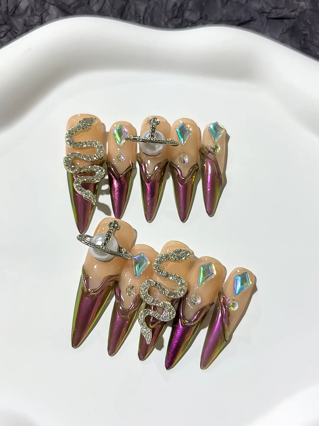 M014 - Long Brown Nude Stiletto Abstract Animal Print Metallic Accent