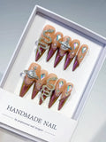 M014 - Long Brown Nude Stiletto Abstract Animal Print Metallic Accent