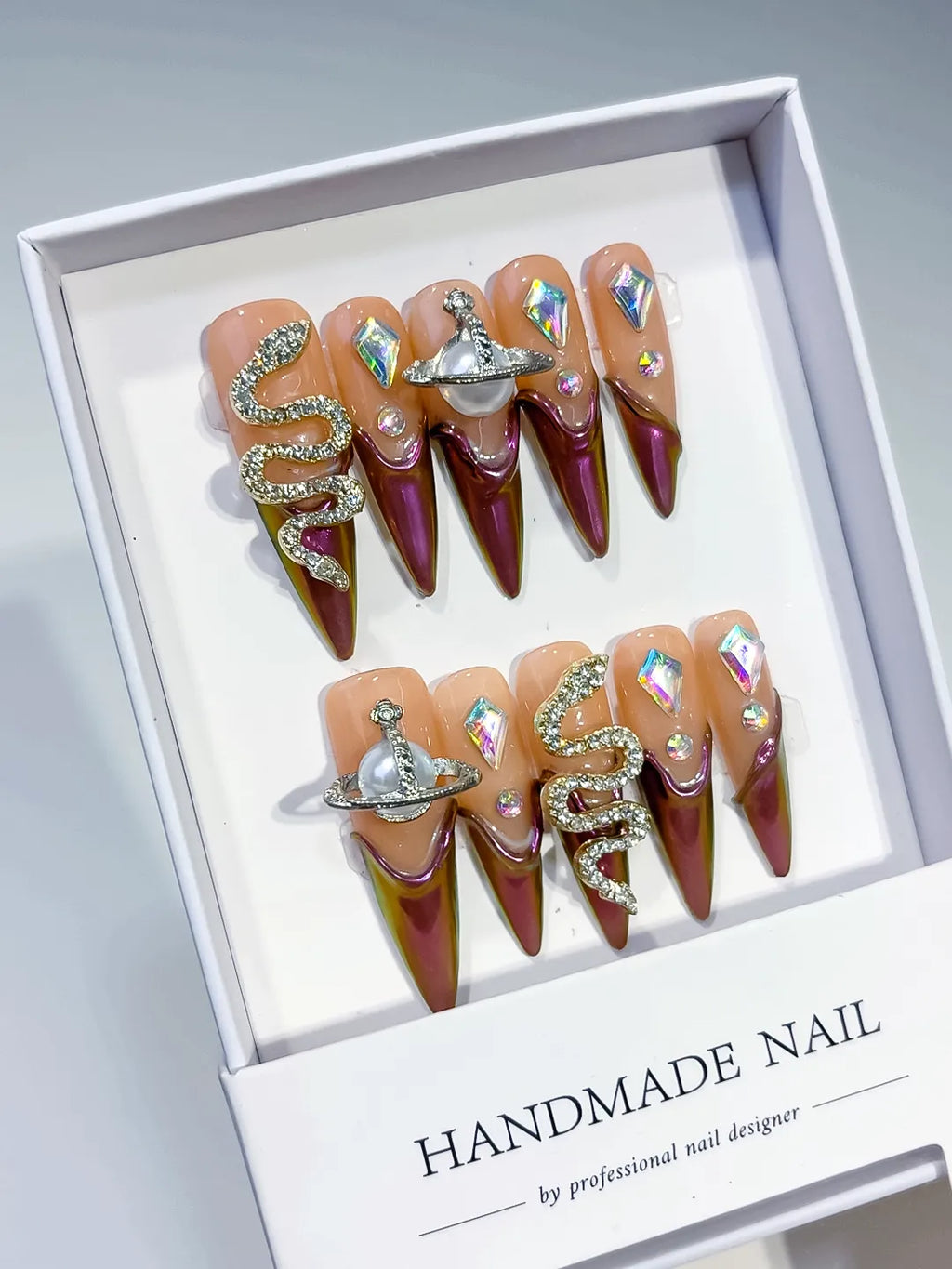 M014 - Long Brown Nude Stiletto Abstract Animal Print Metallic Accent