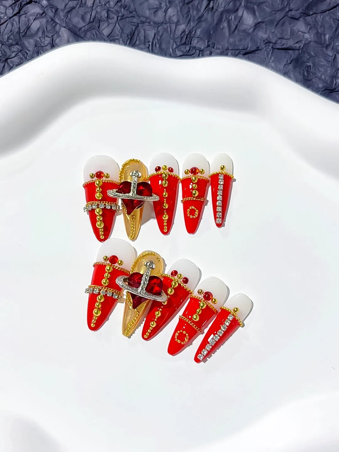 M016 - Long Red Gold Stiletto French tip Flower Metallic Accent
