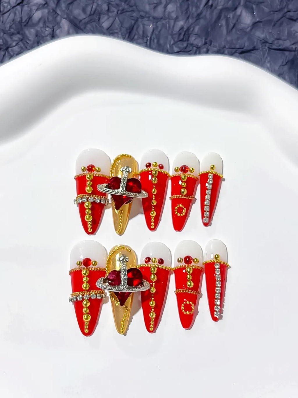 M016 - Long Red Gold Stiletto French tip Flower Metallic Accent