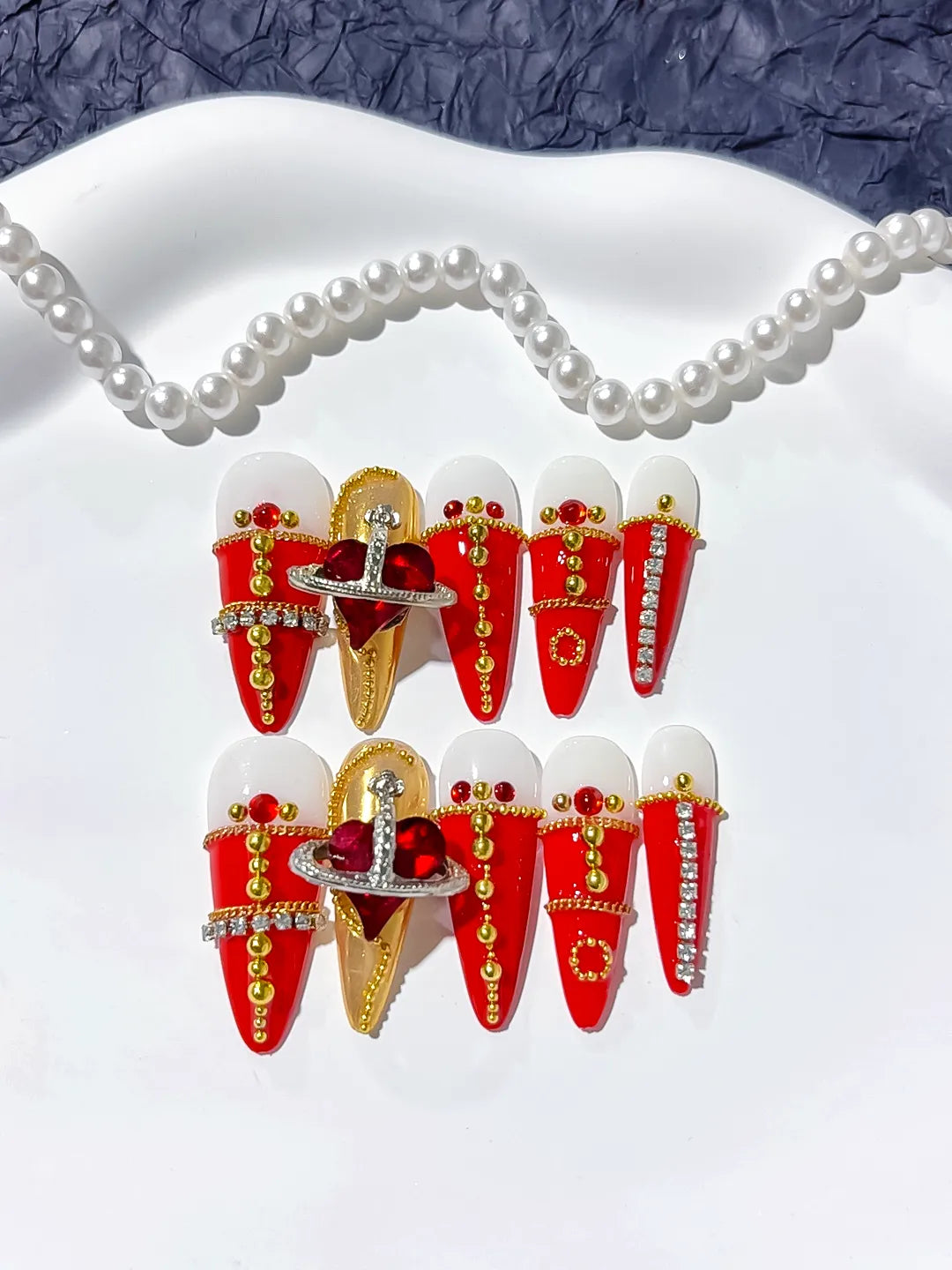 M016 - Long Red Gold Stiletto French tip Flower Metallic Accent