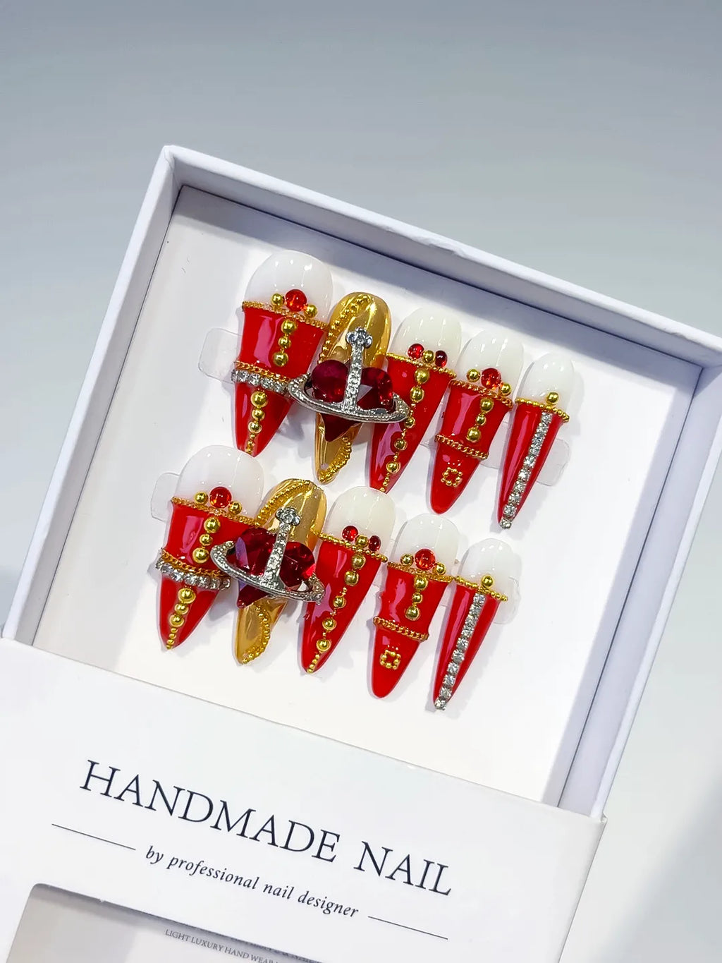 M016 - Long Red Gold Stiletto French tip Flower Metallic Accent