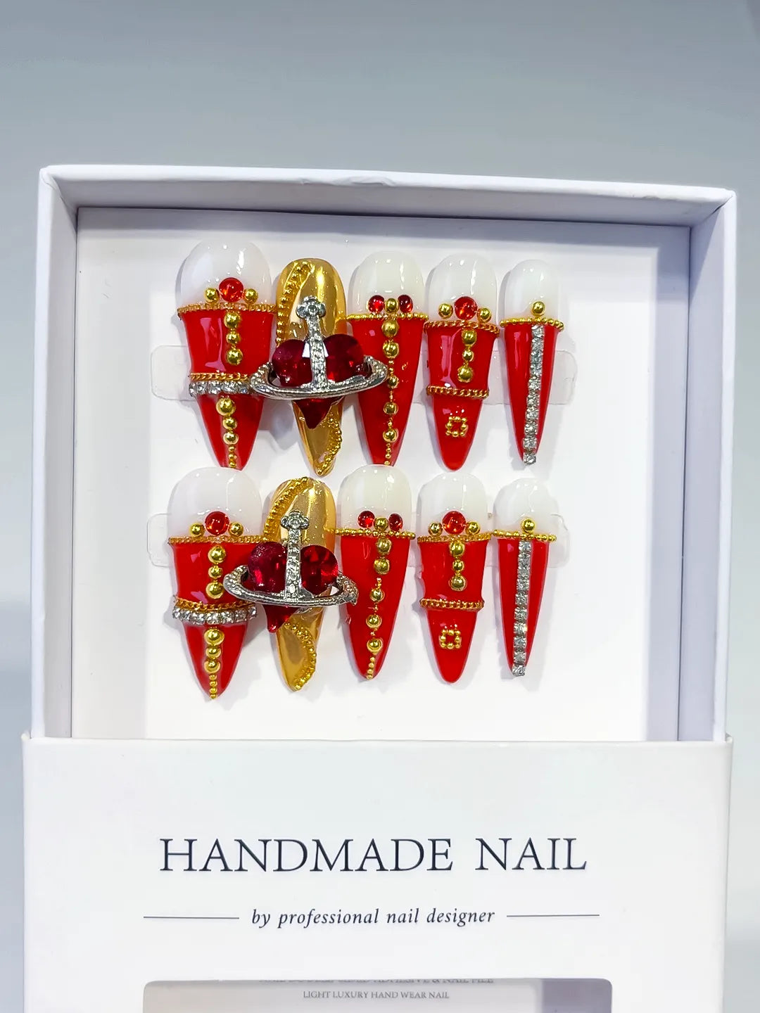 M016 - Long Red Gold Stiletto French tip Flower Metallic Accent