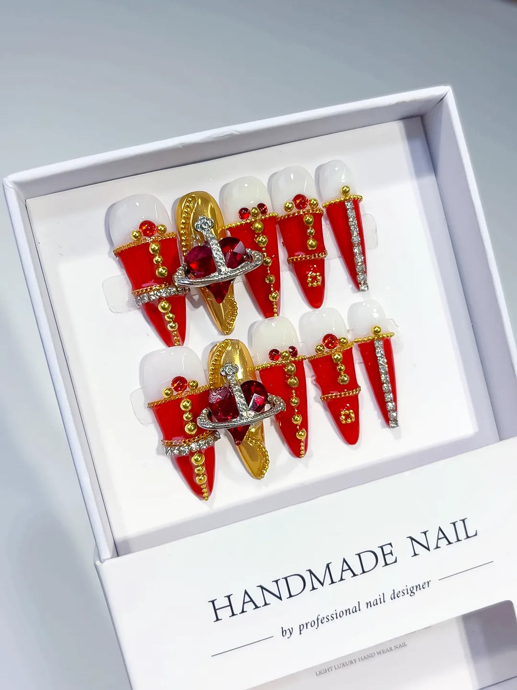 M016 - Long Red Gold Stiletto French tip Flower Metallic Accent