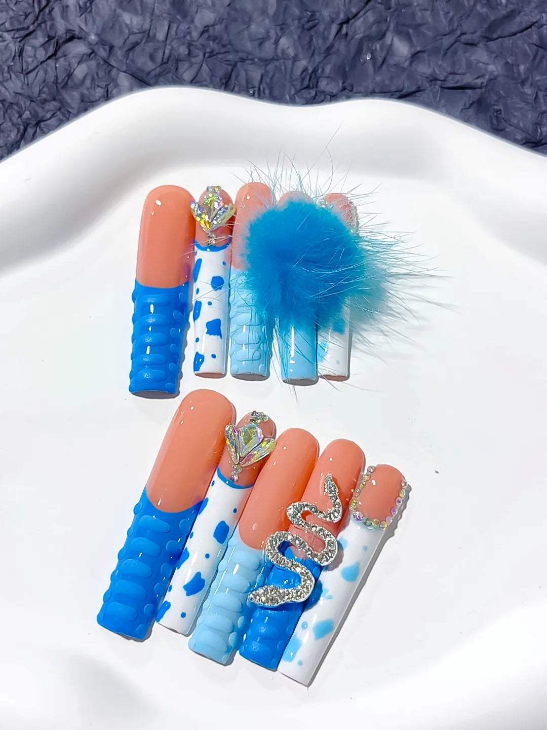 M020 - Long Blue Nude Square Solid color Flower Fur Texture
