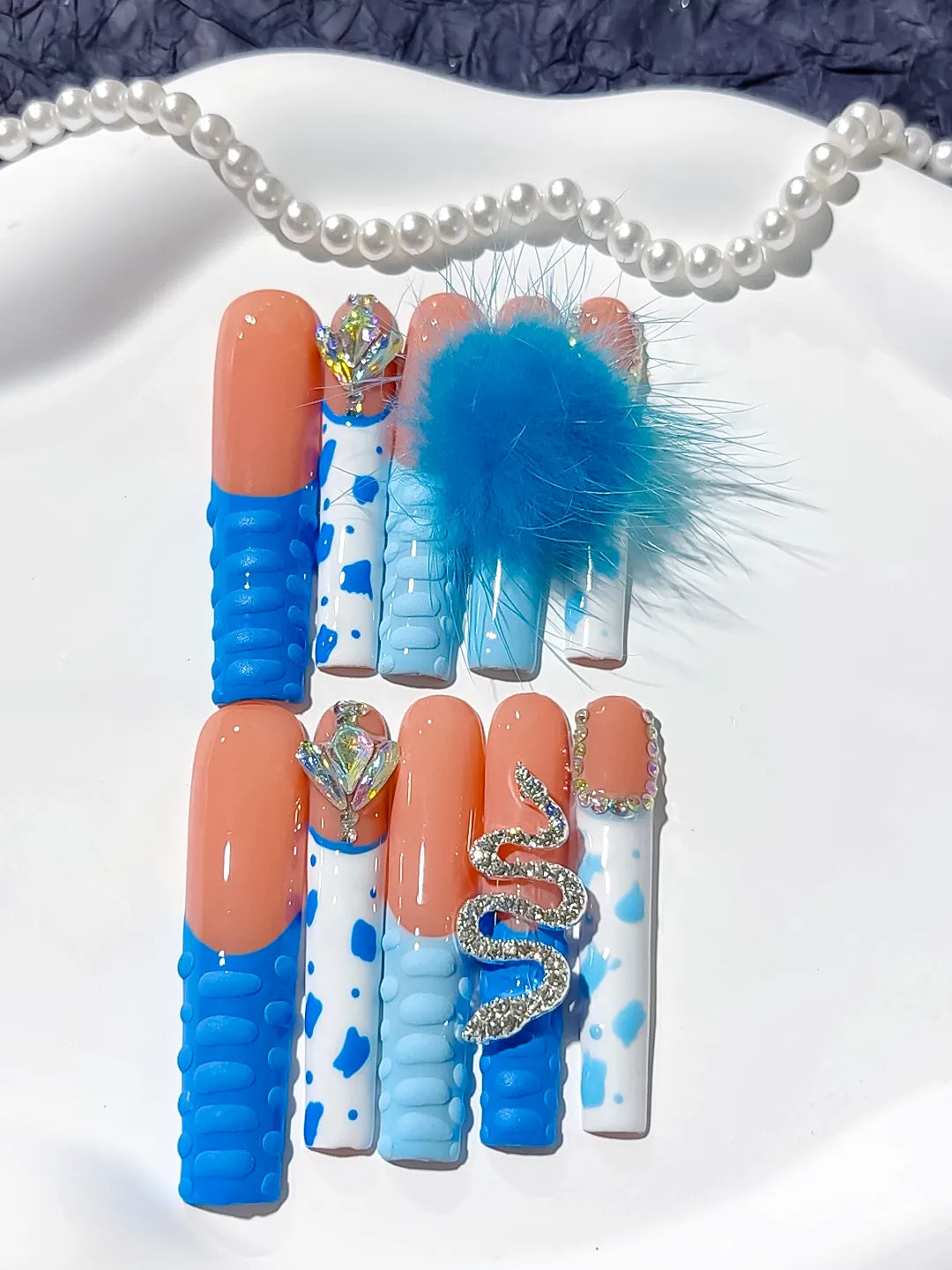 M020 - Long Blue Nude Square Solid color Flower Fur Texture